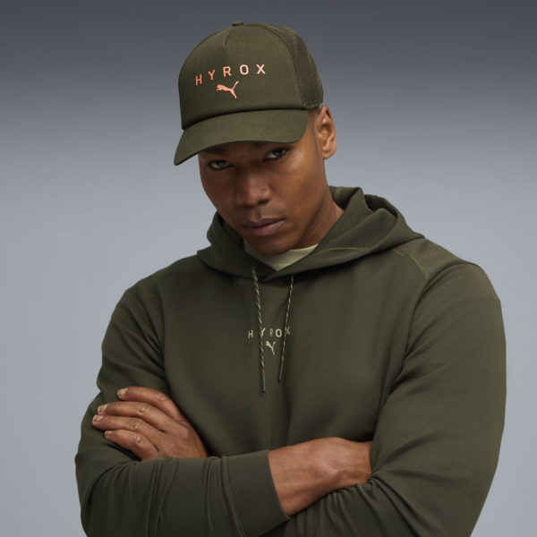 PUMA x HYROX Trucker Cap, Dark Olive-Glowing Orange, large-ZAF