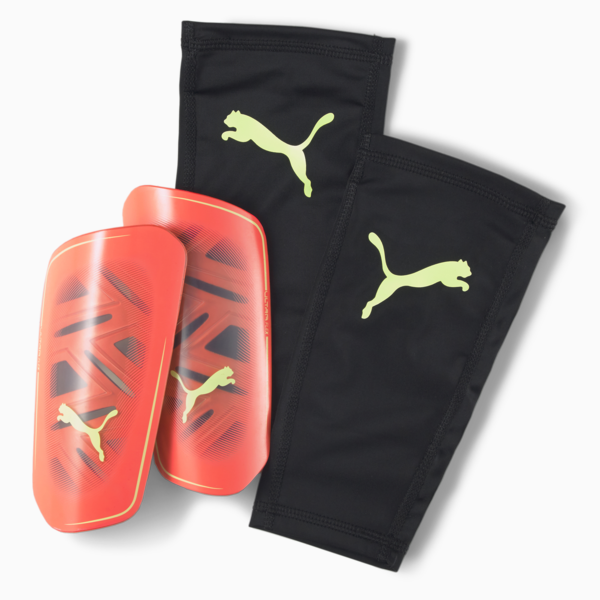 ULTRA Flex Sleeve Shin Guards, Fiery Coral-Fizzy Light, large-ZAF