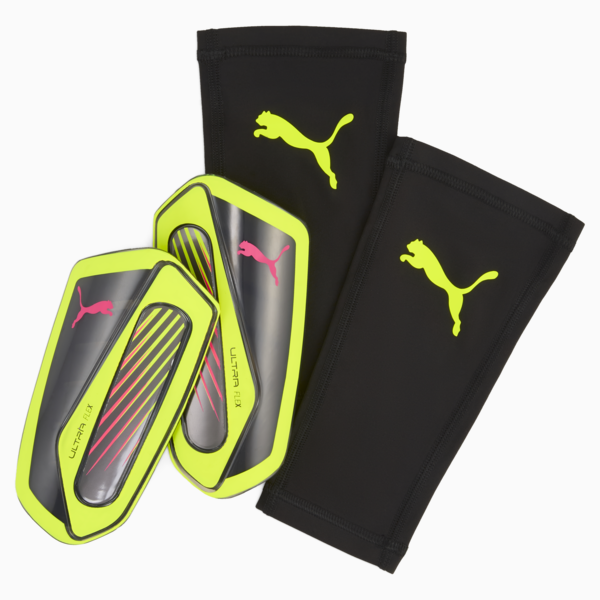 ULTRA Flex Football Sleeves Shinguards, Yellow Alert-Puma Aged Silver, large-MEX
