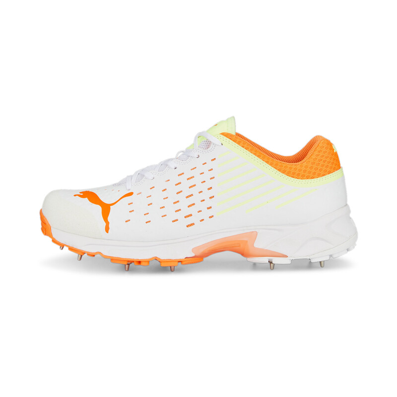 Men's PUMA Spike 22.1 Unisex Cricket Lightweight Shoes in White/Orange/Yellow size 12