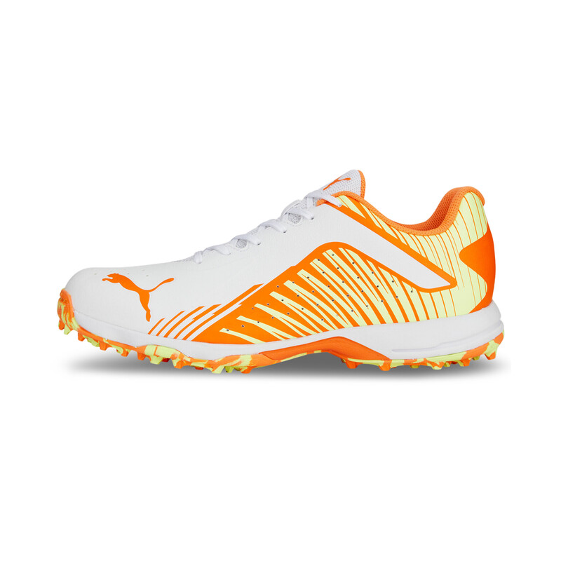 Men's PUMA 22 FH Rubber Unisex Cricket Lightweight Shoes in White/Orange/Yellow size 10