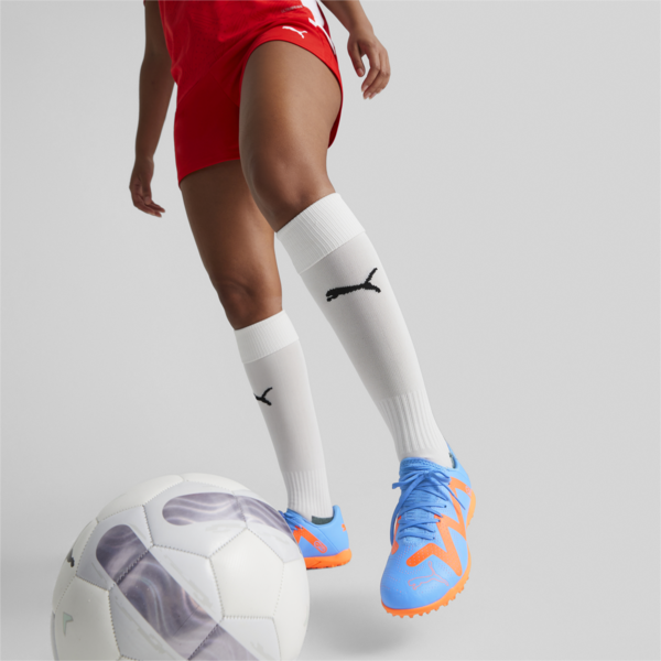 FUTURE Play TT Football Boots Unisex, Blue Glimmer-PUMA White-Ultra Orange, large-ZAF