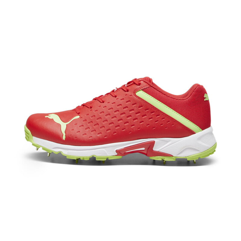 Men's PUMA Spike 22.2 Unisex Cricket Shoes in Red/Gray/Green size UK 7