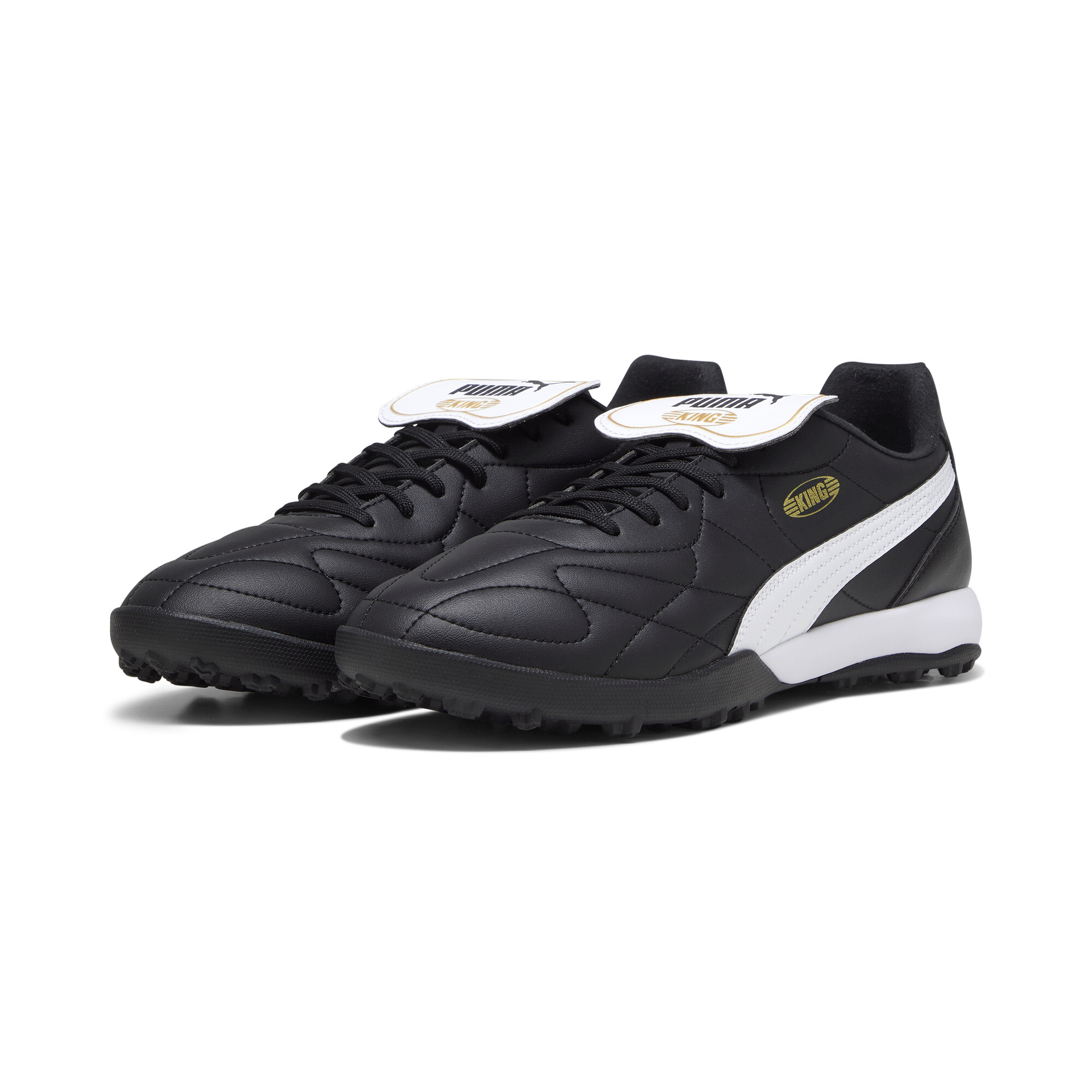 Men's PUMA KING TOP TT Football Boots In Black/Gold, Size EU 44.5