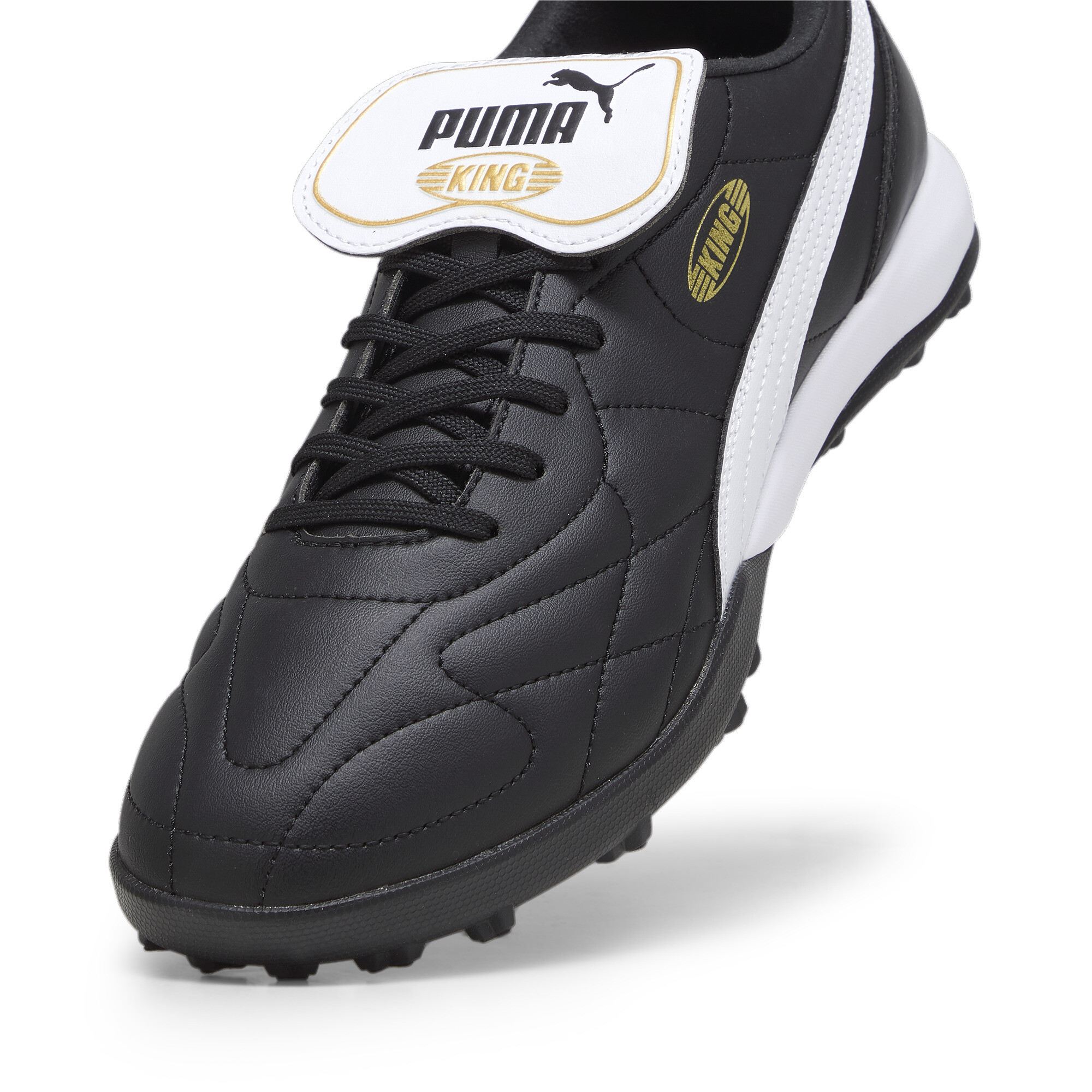 Men's PUMA KING TOP TT Football Boots In Black/Gold, Size EU 44