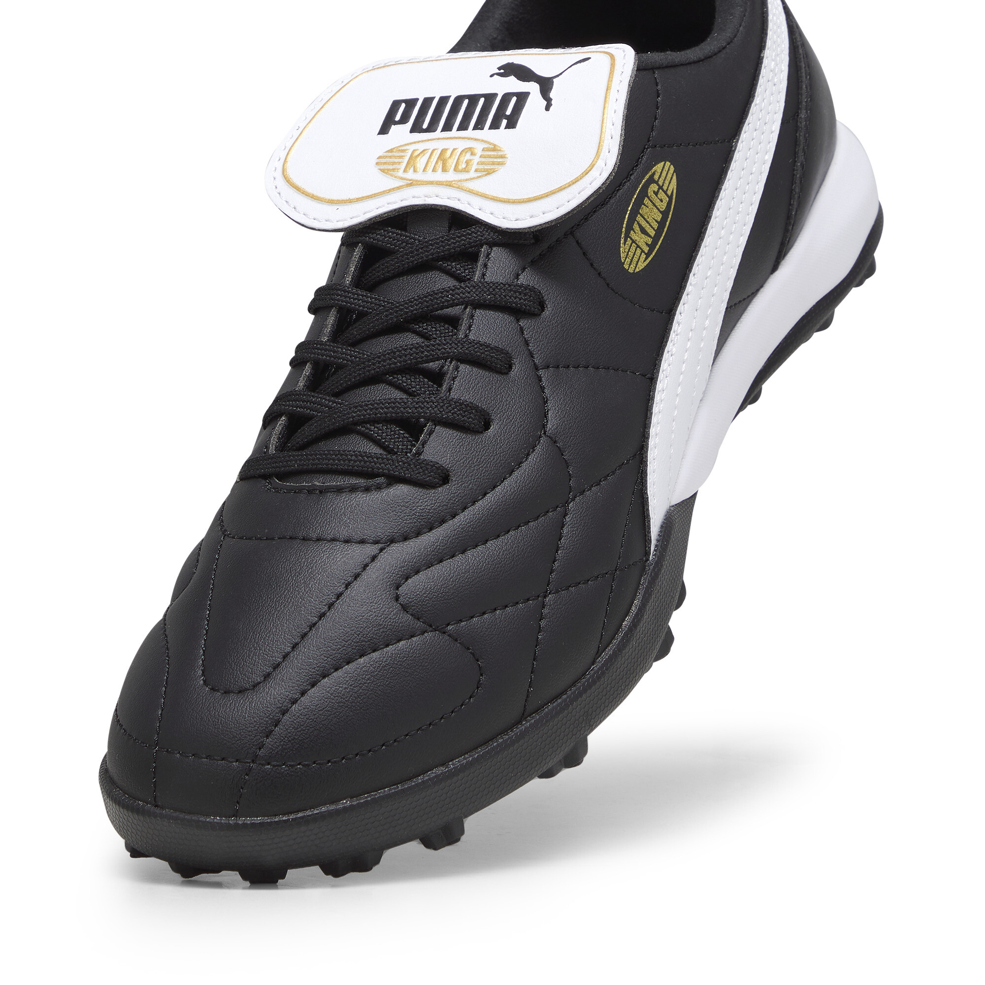 Men's PUMA KING TOP TT Football Boots In Black/Gold, Size EU 46