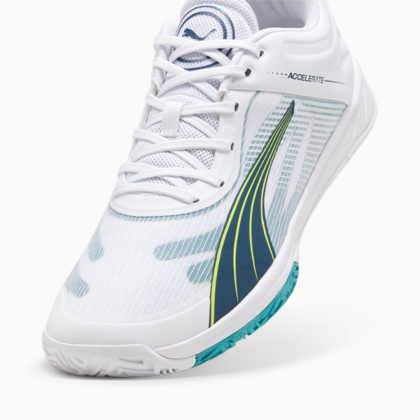 Accelerate Turbo Indoor Sport Shoes, PUMA White-Ocean Tropic-Lime Squeeze, large-ZAF