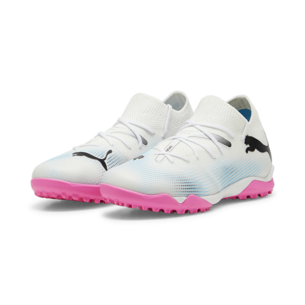 Botines de fútbol juveniles de corte medio FUTURE 7 MATCH NJR FG/AG, PUMA White-PUMA Black-Poison Pink, large-ARG