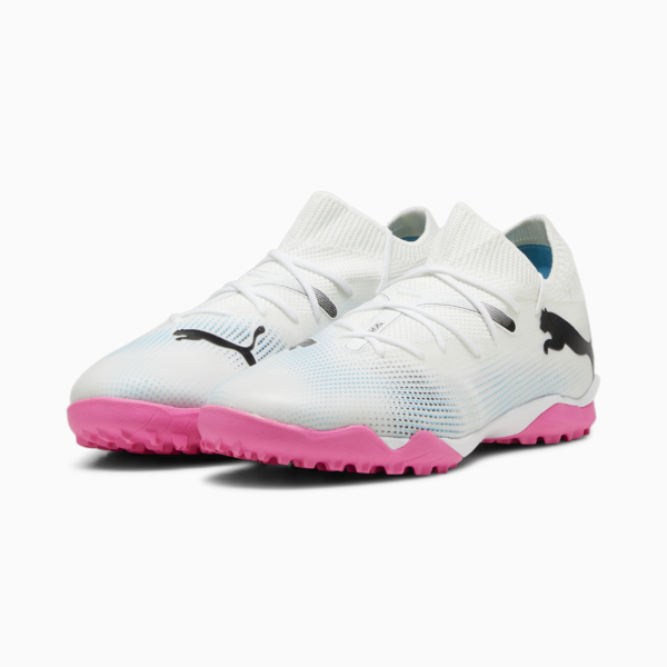 Botines de fútbol FUTURE 7 MATCH TT para mujer, PUMA White-PUMA Black-Poison Pink-Bright Aqua-Silver Mist, large-ARG
