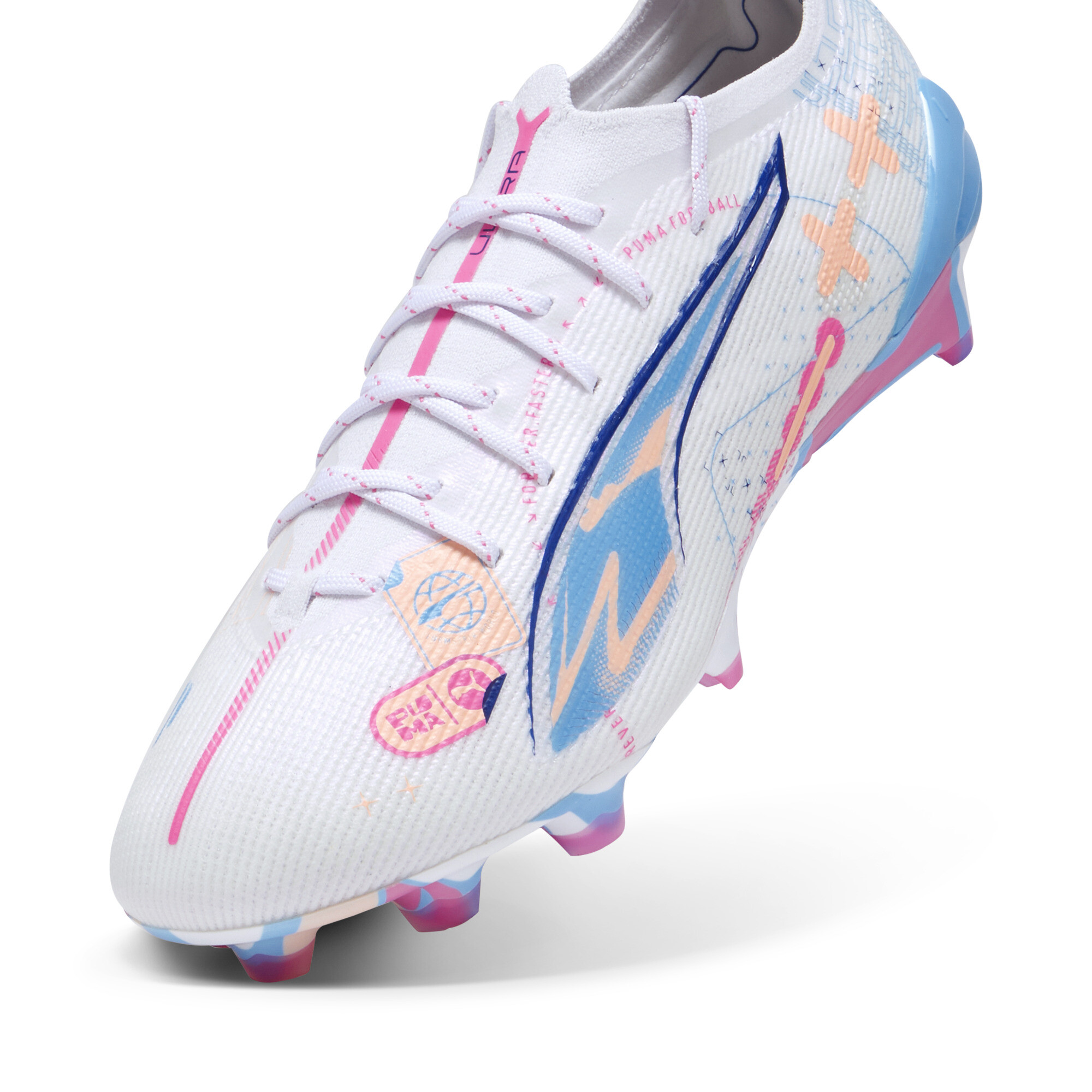 PUMA ULTRA 5 ULTIMATE VOLUME UP FG voetbalschoenen, Wit/Blauw/Roze