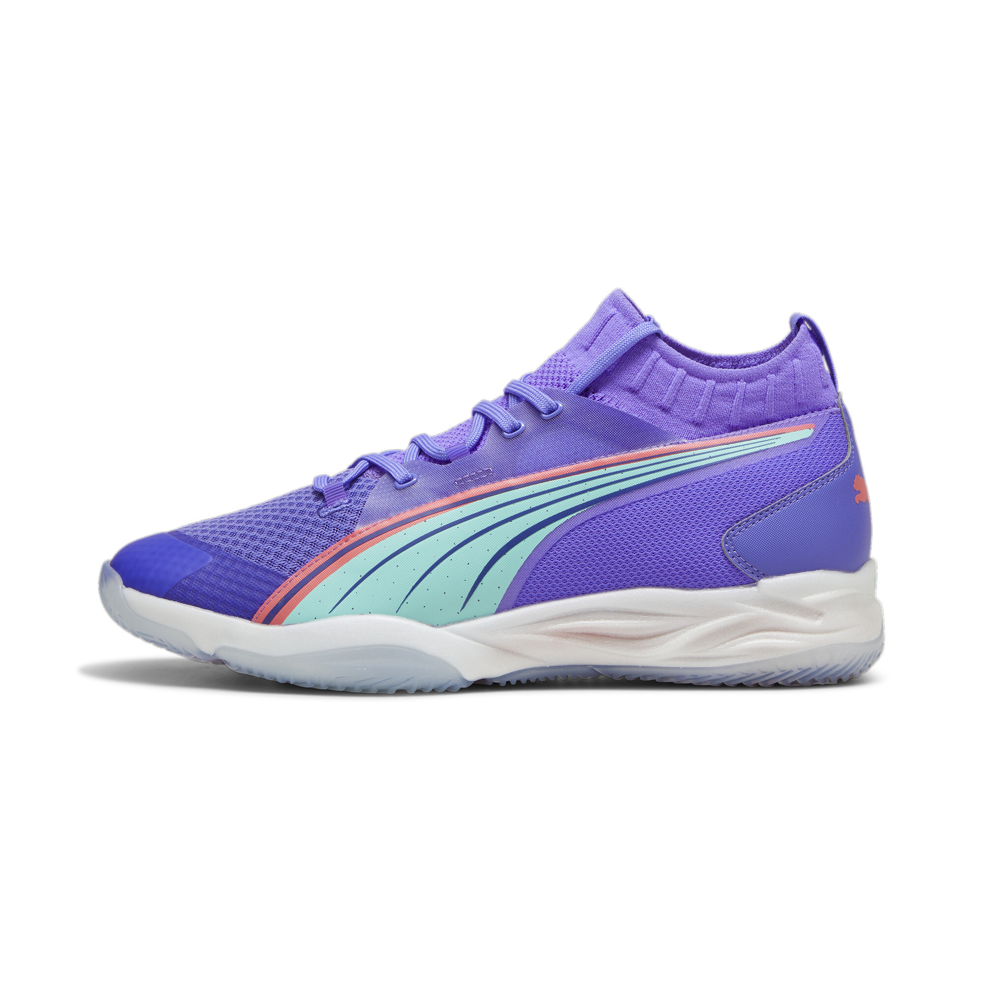 Puma Eliminate NITRO™ SQD FASTER. TOGETHER. Hallenschuhe | Dark Amethyst/Electric Peppermint/Sunset Glow | Größe: 40.5