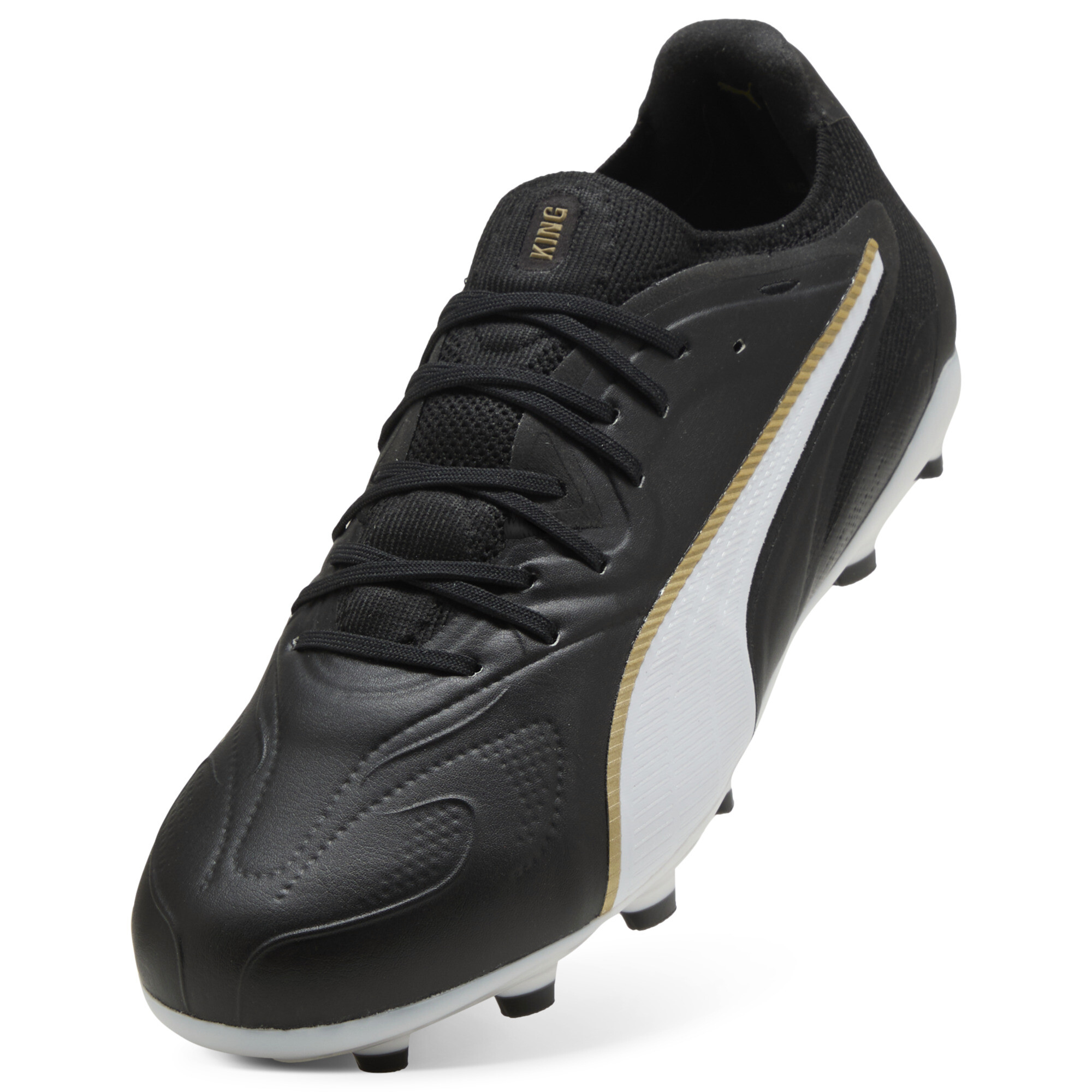 PUMA KING 20 ULTIMATE FG/AG uniseks voetbalschoenen, Zwart/Wit/Goud, Maat 42,5 thumbnail 2