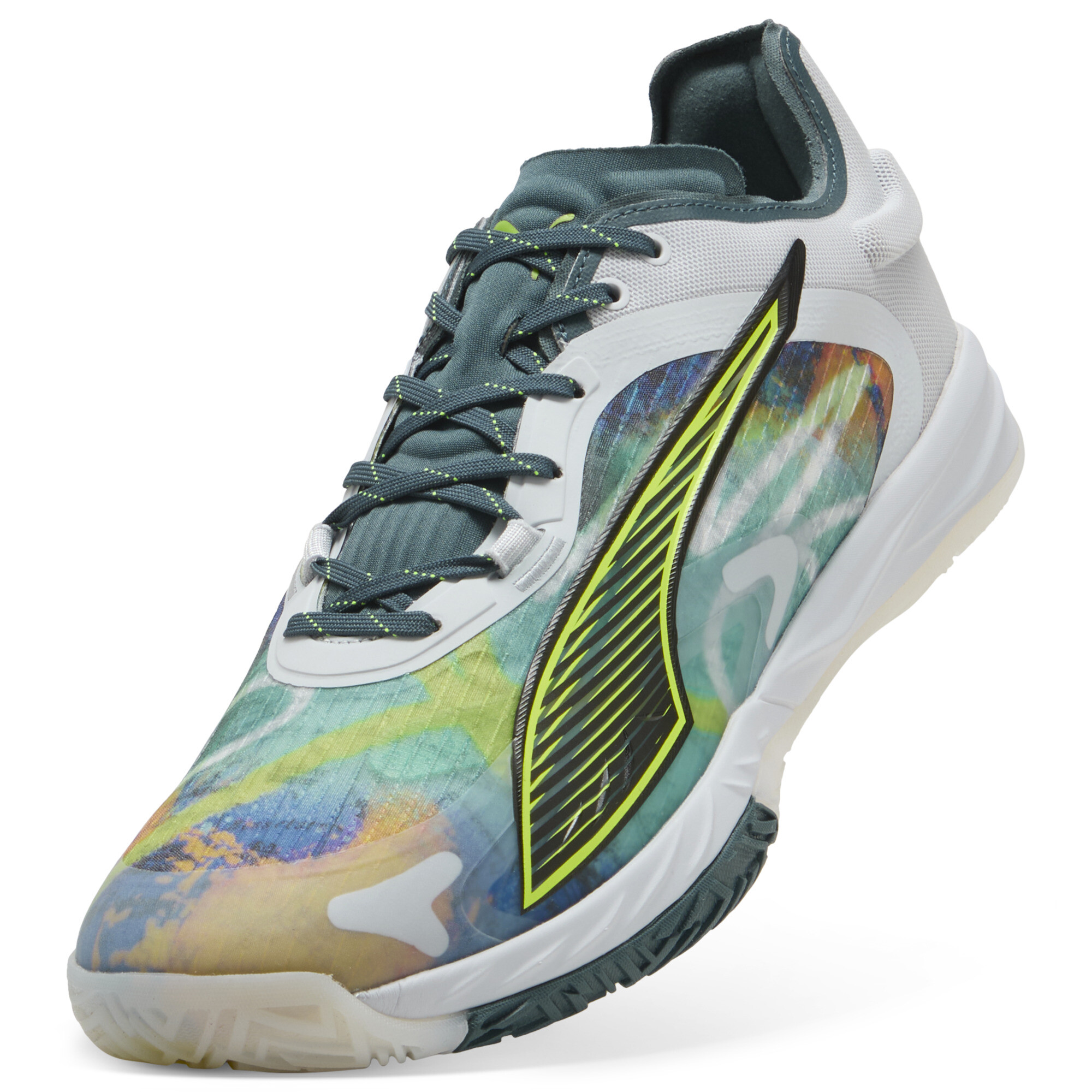 PUMA Accelerate NITRO™ SQD 4 Berlin handbalschoenen uniseks, Grijs/Geel/Zilver, Maat 36 thumbnail 2