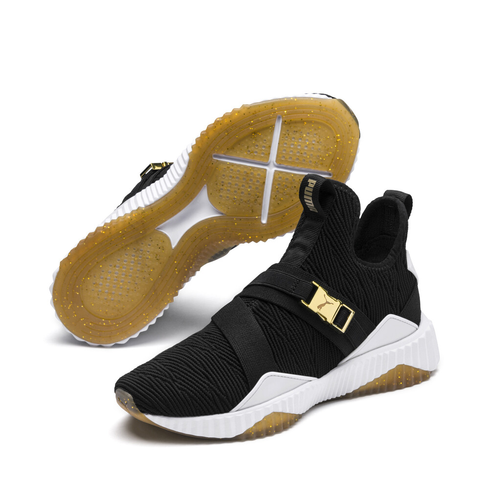 puma defy varsity mid white & gold shoes