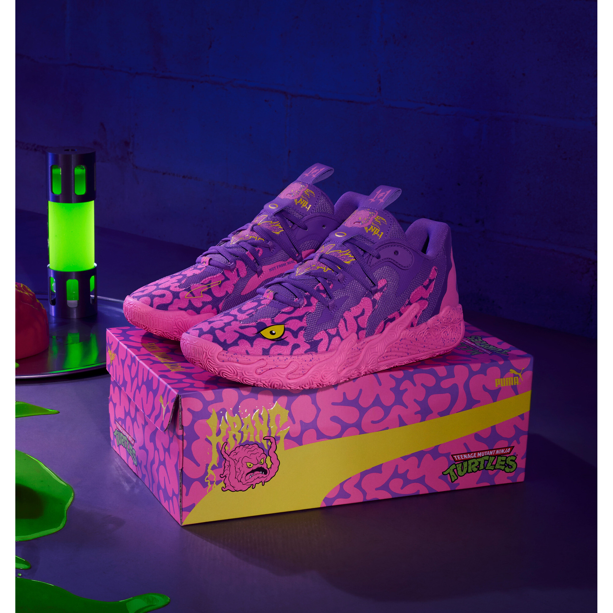 PUMA HOOPS x TNMT MB.03 Lo Krang uniseks basketbalschoenen, Roze/Geel, Maat 53,5 thumbnail 3