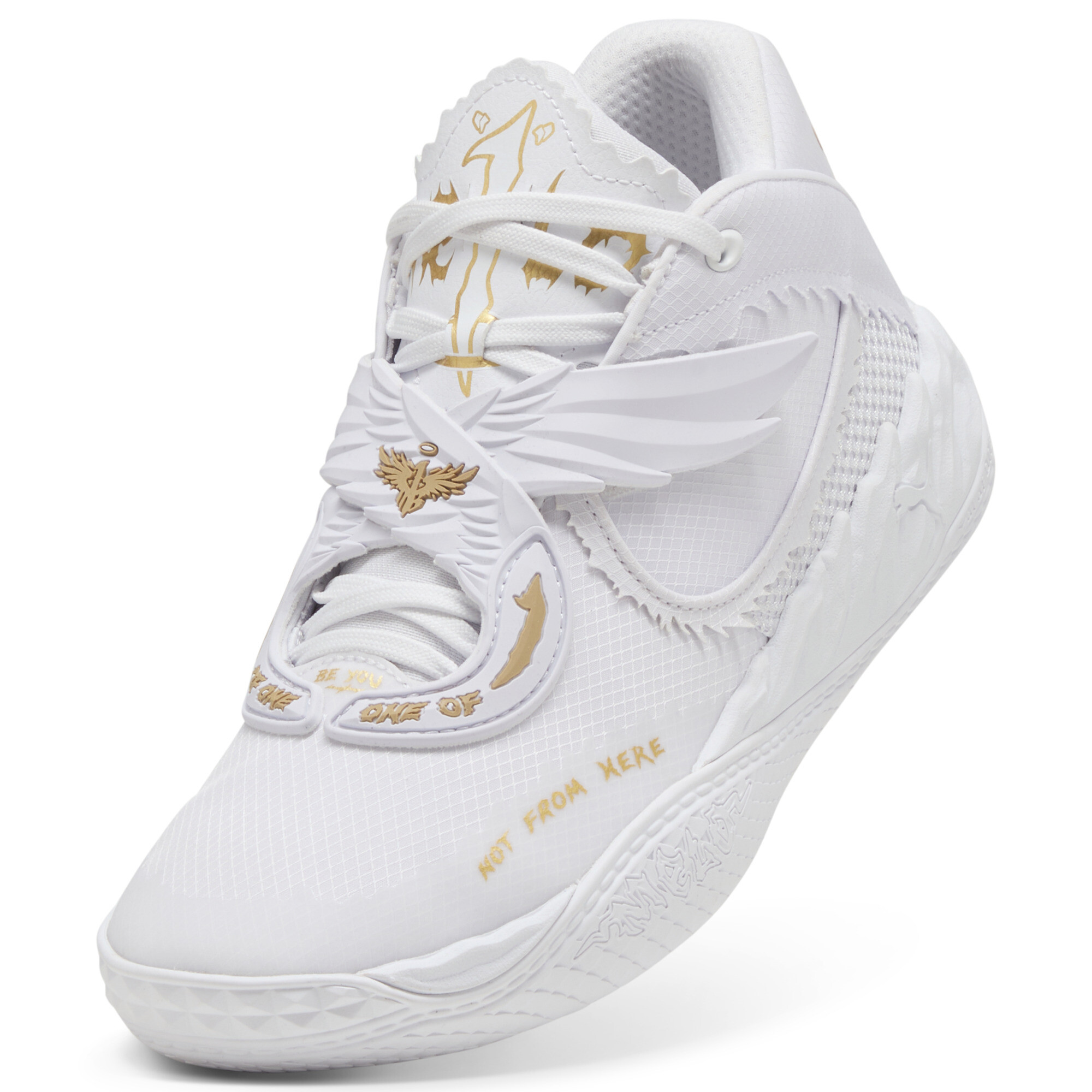 PUMA MB.05 Mist basketbalschoenen, Wit/Goud, Maat 35,5 thumbnail 4