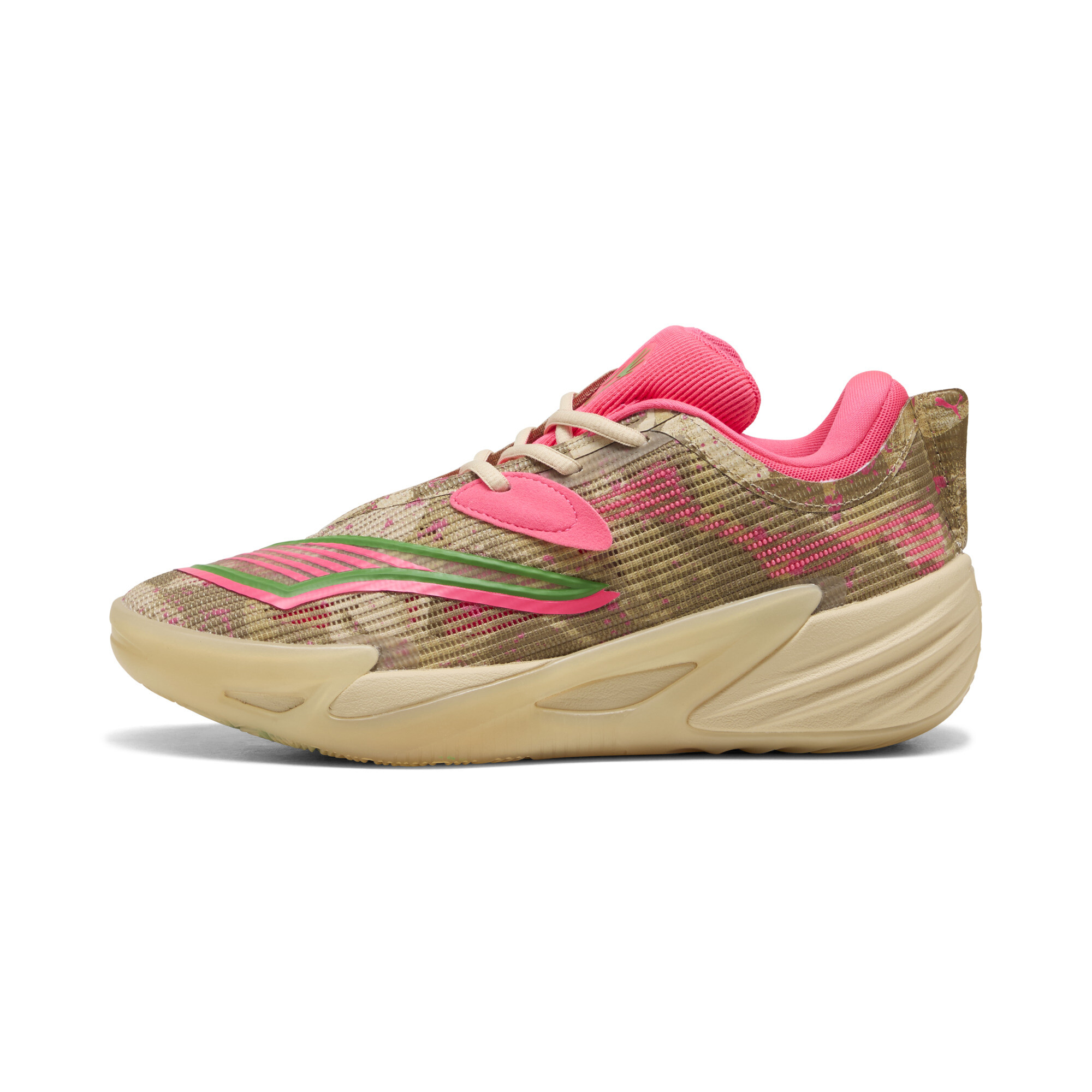 PUMA All-Pro NITRO 2 'Flau'jae PE' Basketball Shoes, Men's, M9/W10.5, Sand Dune/Pure Pink/Green Fruit