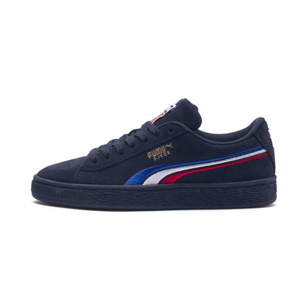 blue and white puma suede
