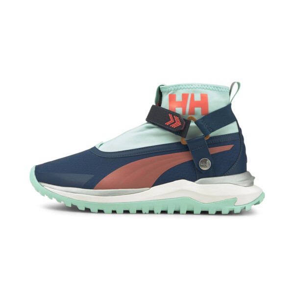puma x helly hansen voyage nitro running shoes in intense blue/hot coral/spray green, size 13