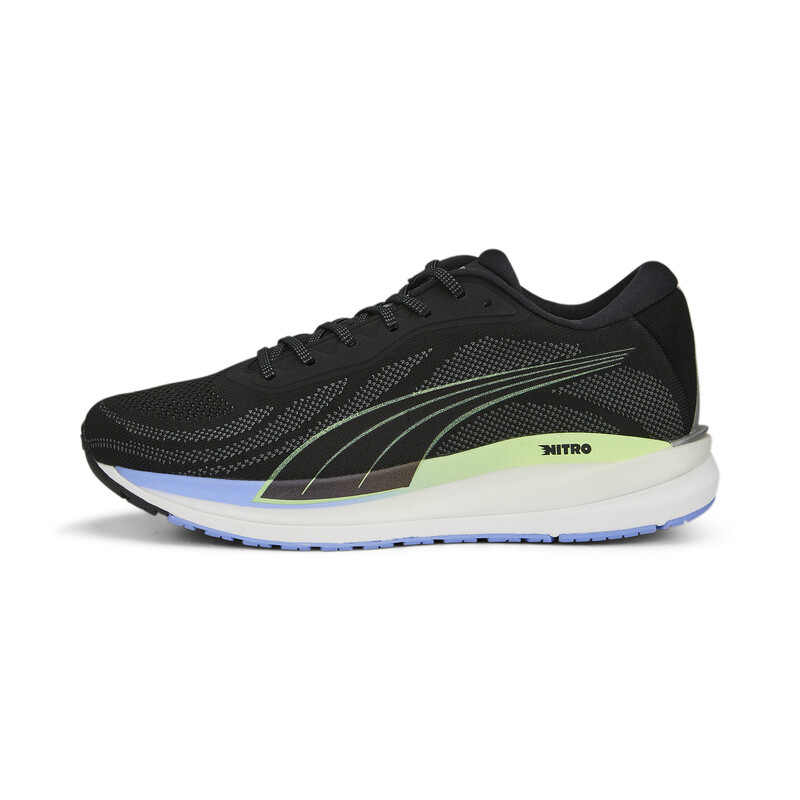 Men's PUMA Magnify NITRO Knit Running Shoes in Black/Purple/Yellow size UK 9