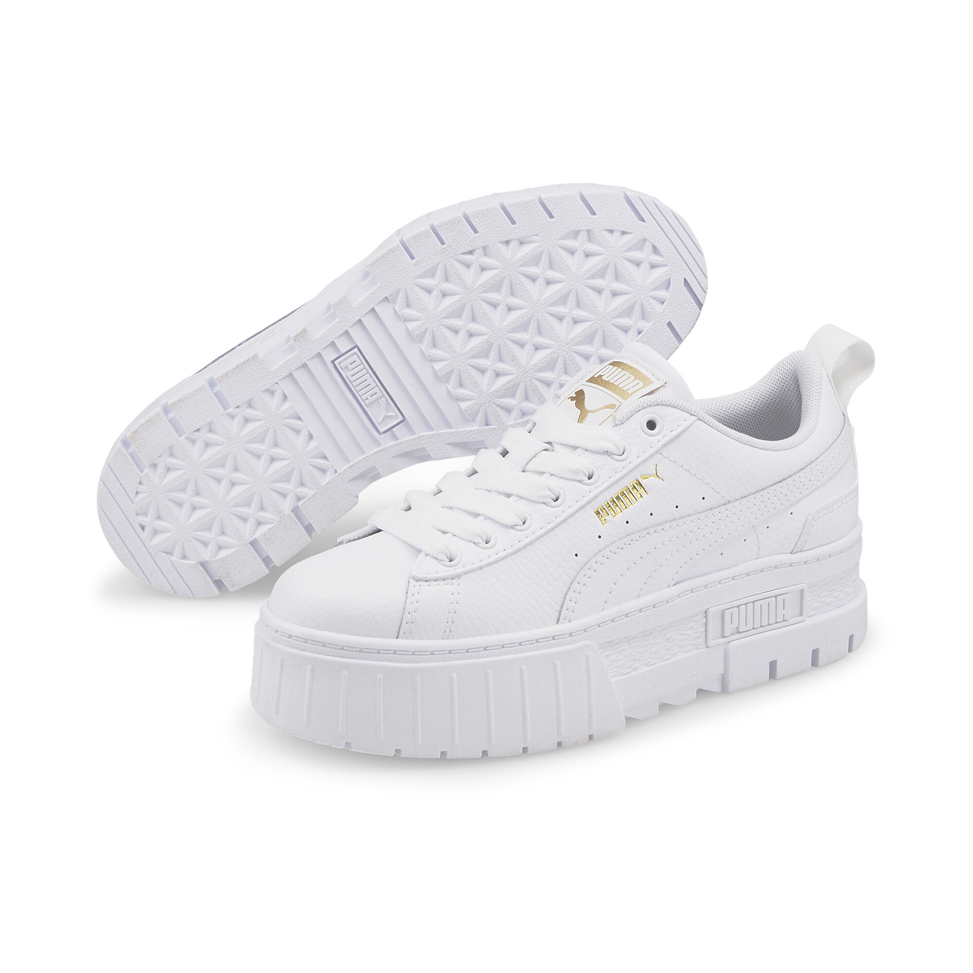 Women's Puma Mayze Leather Youth Trainers, White, Size 35.5, Shoes