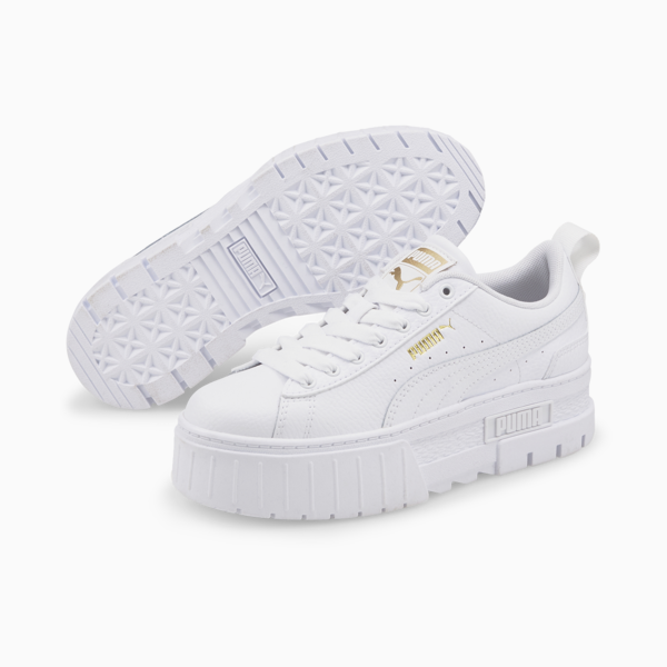 Mayze Leather Youth Trainers, Puma White-Puma Team Gold, large-MEX