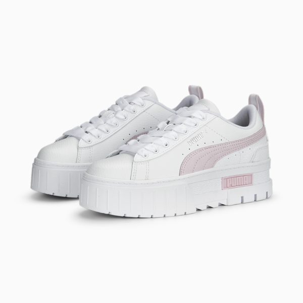 Mayze Leather Youth Trainers, PUMA White-Pearl Pink-Vivid Violet, large-ZAF