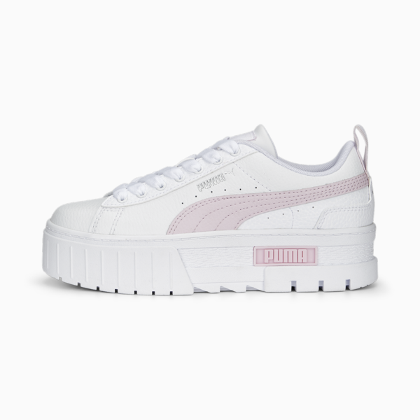 Mayze Leather Youth Trainers, PUMA White-Pearl Pink-Vivid Violet, large-ZAF