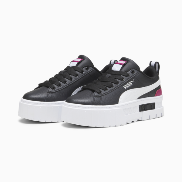 Mayze Leather Youth Trainers, PUMA Black-PUMA White-Pinktastic, large-ZAF