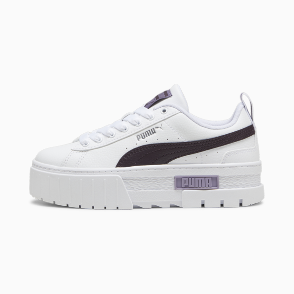 Mayze Leather Youth Trainers, PUMA White-Midnight Plum, large-ZAF