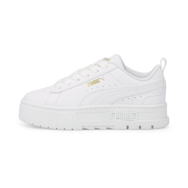 Shop Puma Mayze Leather Little Kids' Shoes In White- Team Gold