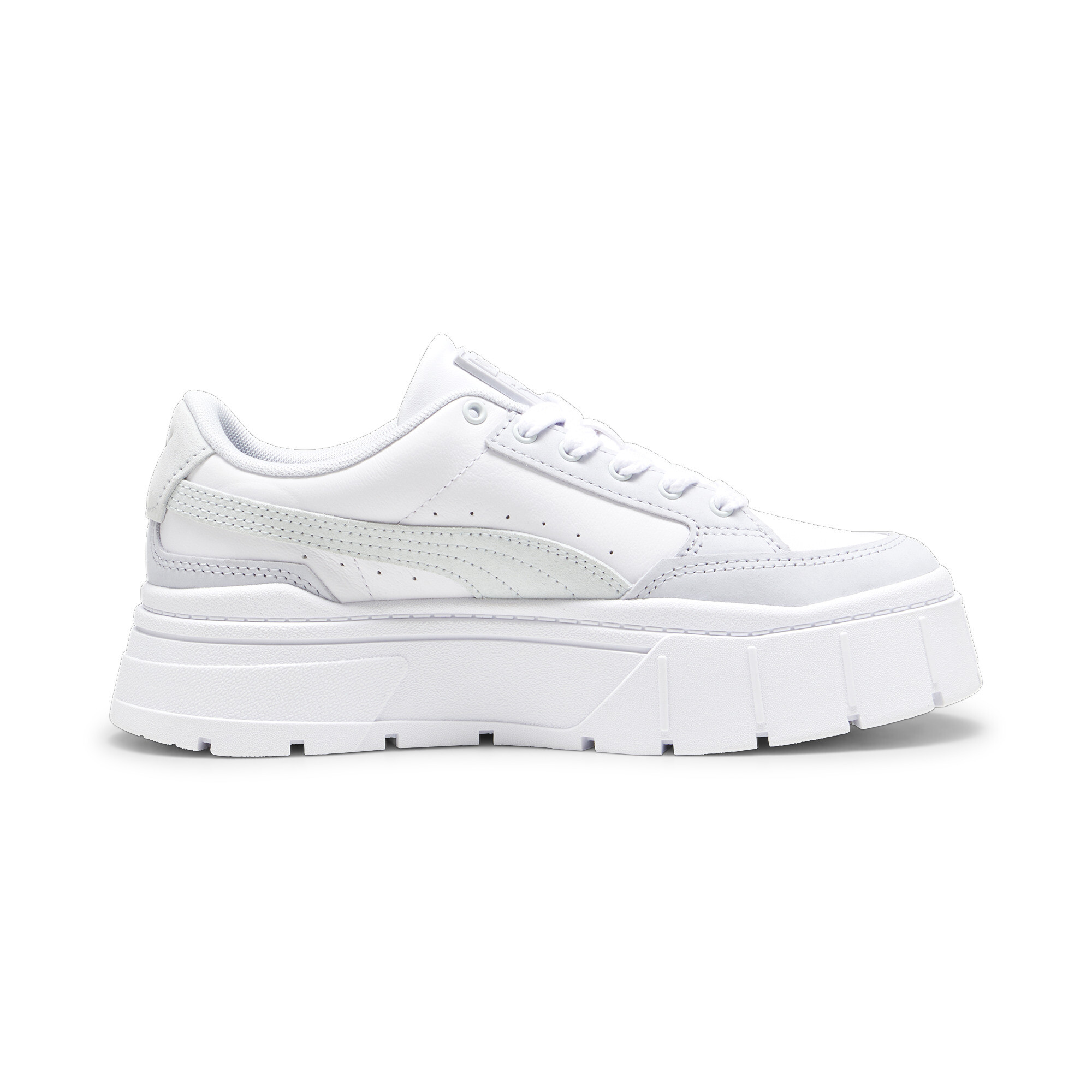 Women's PUMA Mayze Stack Luxe Sneakers Women In White/Silver, Size EU 40