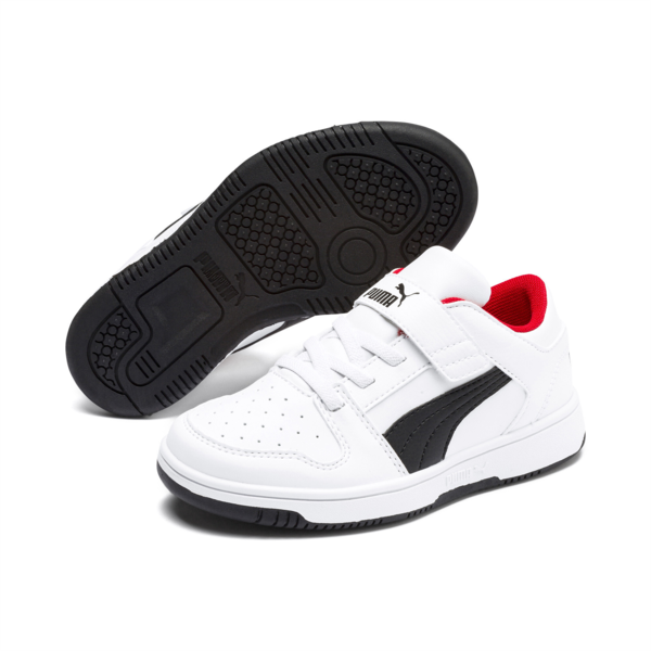 Zapatillas Puma Rebound Layup Lo SLV para niños ADP, Puma White-Puma Black-High Risk Red, large-ARG