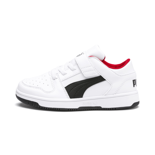 Zapatillas Puma Rebound Layup Lo SLV para niños ADP, Puma White-Puma Black-High Risk Red, large-ARG