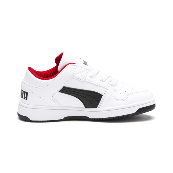 Zapatillas Puma Rebound Layup Lo SLV para niños ADP, Puma White-Puma Black-High Risk Red, large-ARG