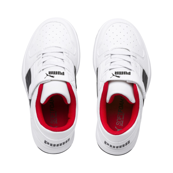 Zapatillas Puma Rebound Layup Lo SLV para niños ADP, Puma White-Puma Black-High Risk Red, large-ARG