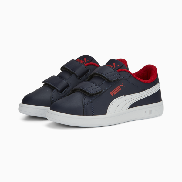 Smash 3.0 Leather V Sneakers Kids, PUMA Navy-PUMA White-For All Time Red, large-MEX