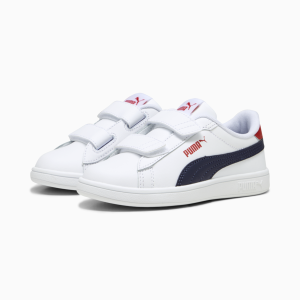 Smash 3.0 Leather V Sneakers Kids, PUMA White-PUMA Navy-For All Time Red, large-MEX