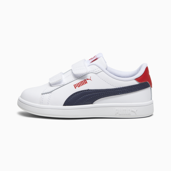 Smash 3.0 Leather V Sneakers Kids, PUMA White-PUMA Navy-For All Time Red, large-MEX