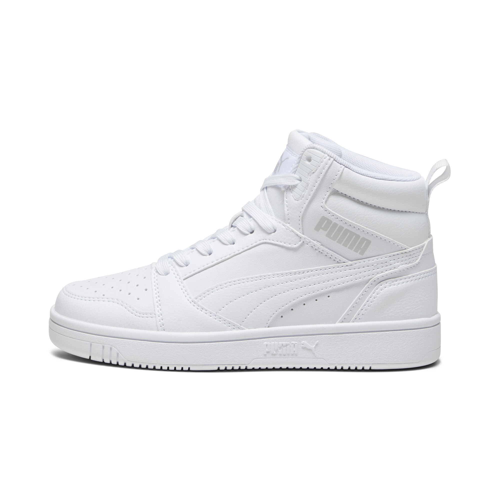 PUMA Rebound V6 Big Kids' Mid Top Sneakers in White, Size 5.5