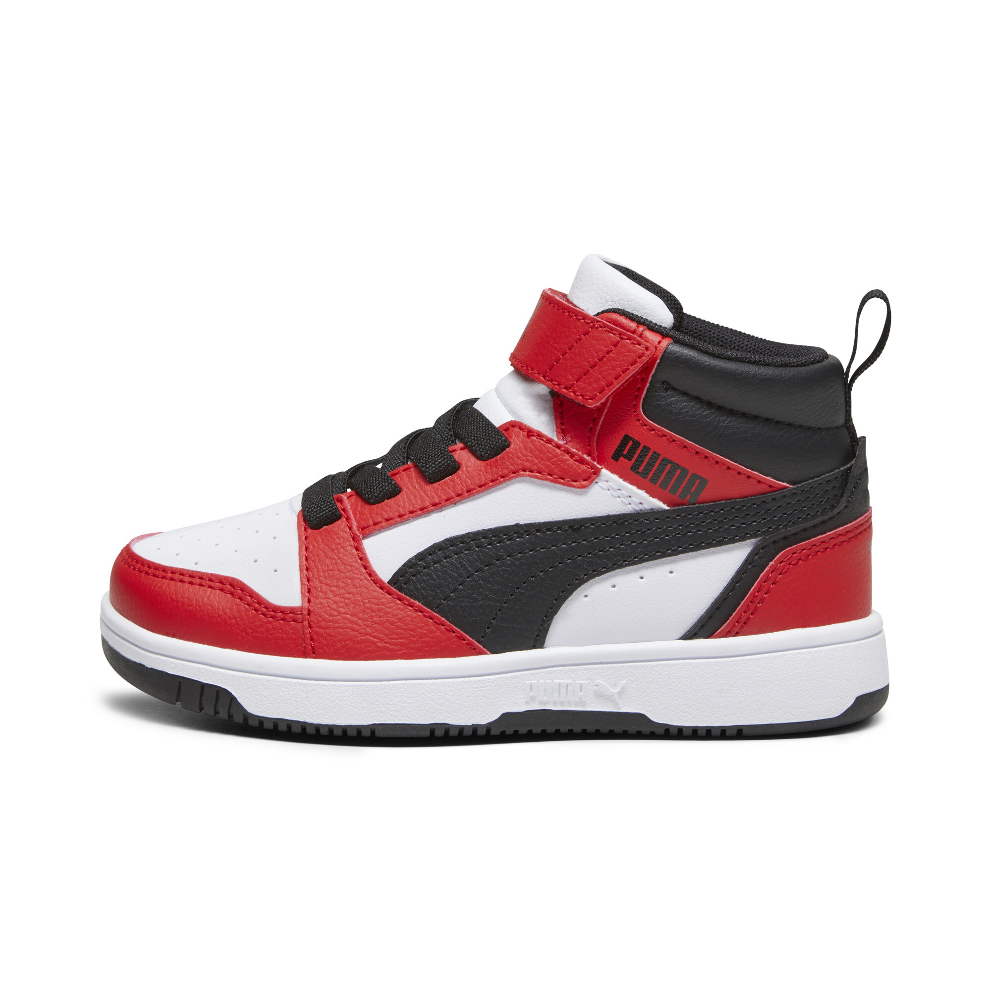 Puma Rebound V6 Mid Sneakers Kinder Schuhe | White/Black/Red | Größe: 27.5