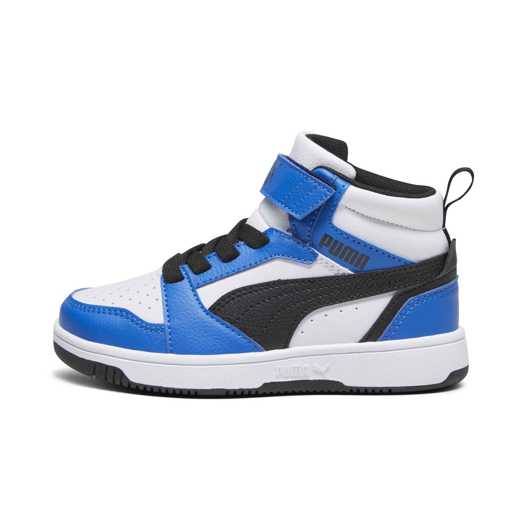 Puma Rebound V6 Mid Sneakers Kinder Schuhe | White/Black/Racing Blue | Größe: 29