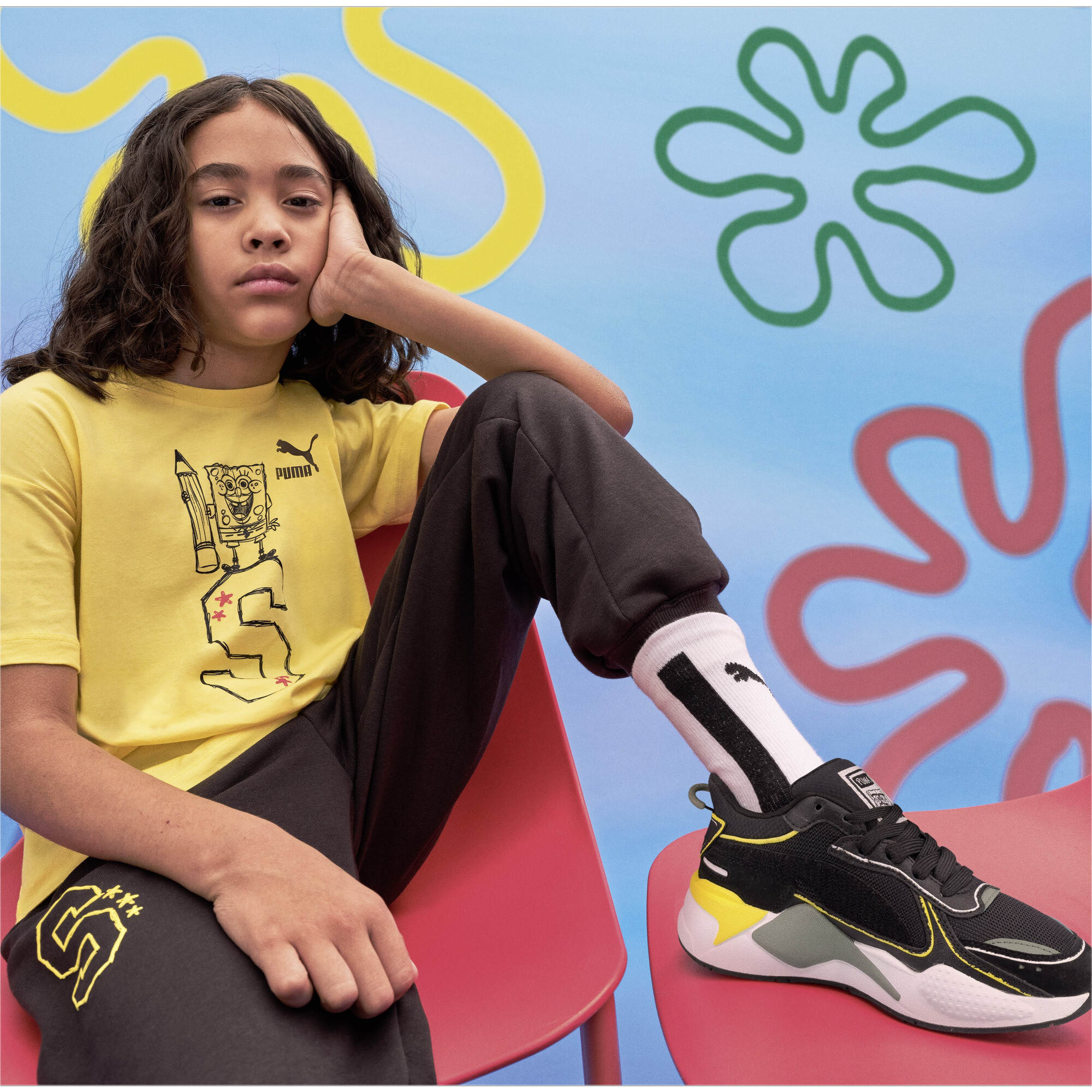Kids' PUMA X SPONGEBOB SQUAREPANTS RS-X Sneakers In Black, Size EU 28