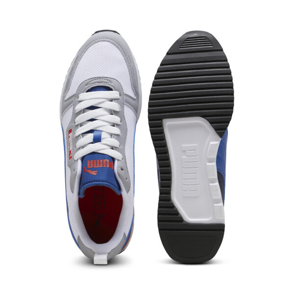 Red blue and gray pumas top