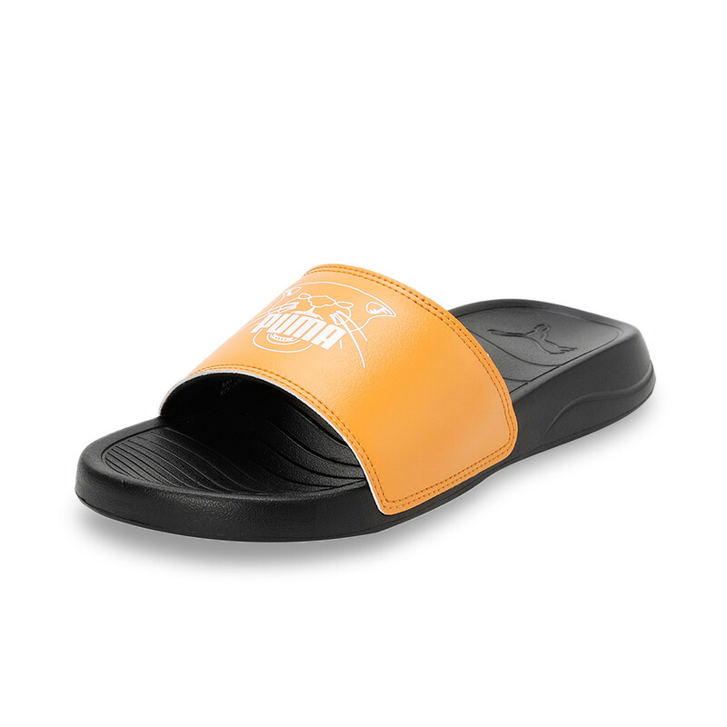 Kids PUMA Popcat 20 V1 Youth Slides in Black/Orange/Blue size 13-Y