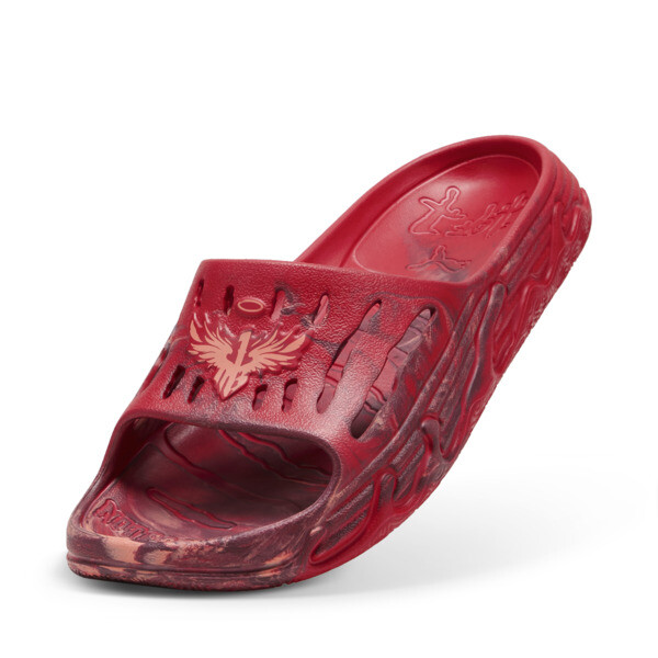 Red fluffy puma slides store