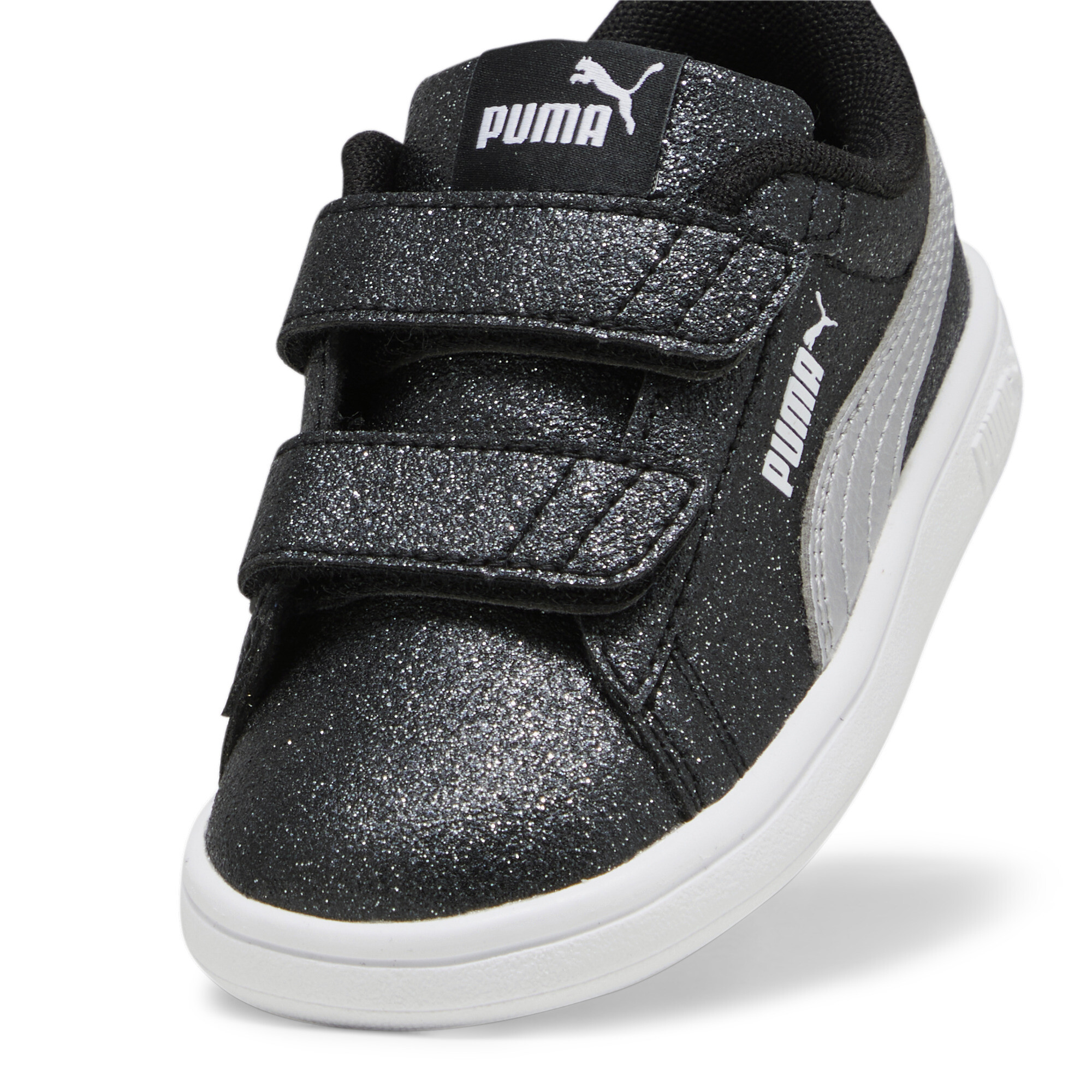 PUMA Smash 3.0 Glitz Glam sneakers voor Dames, Zwart/Wit/Zilver, Maat 23