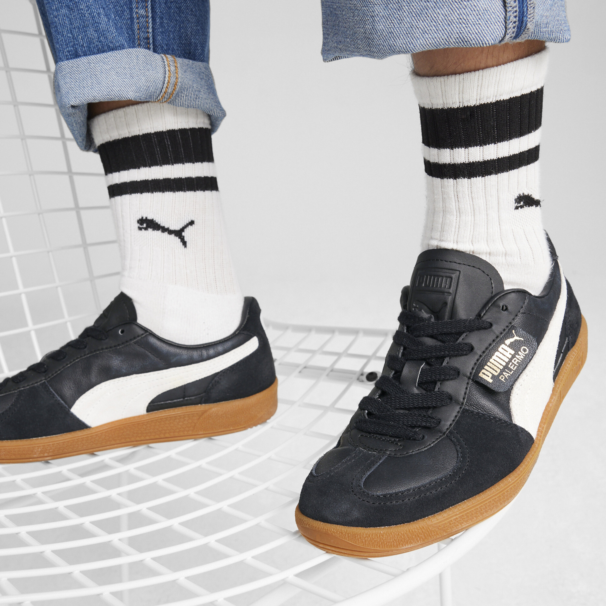 PUMA Palermo leren sneakers uniseks, Zwart/Grijs, Maat 37,5 thumbnail 8