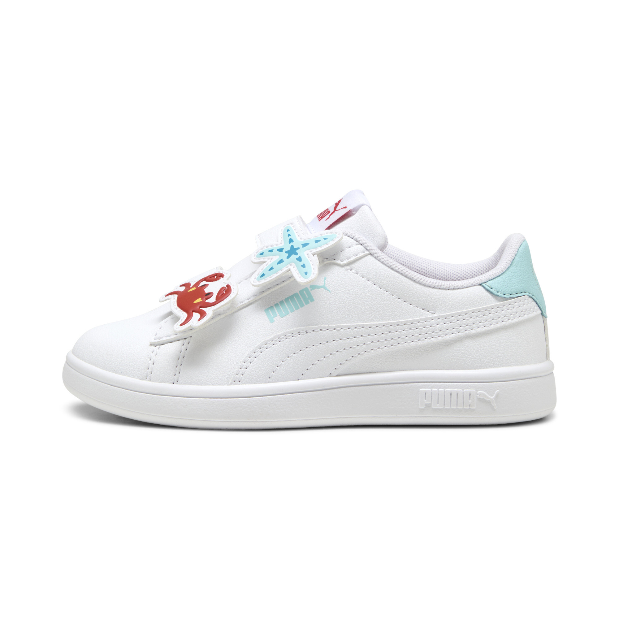 Puma Smash 3.0 Badges Sneakers Kinder Schuhe | Mit Plain | White/Safe Lake/Red Fire | Größe: 27.5