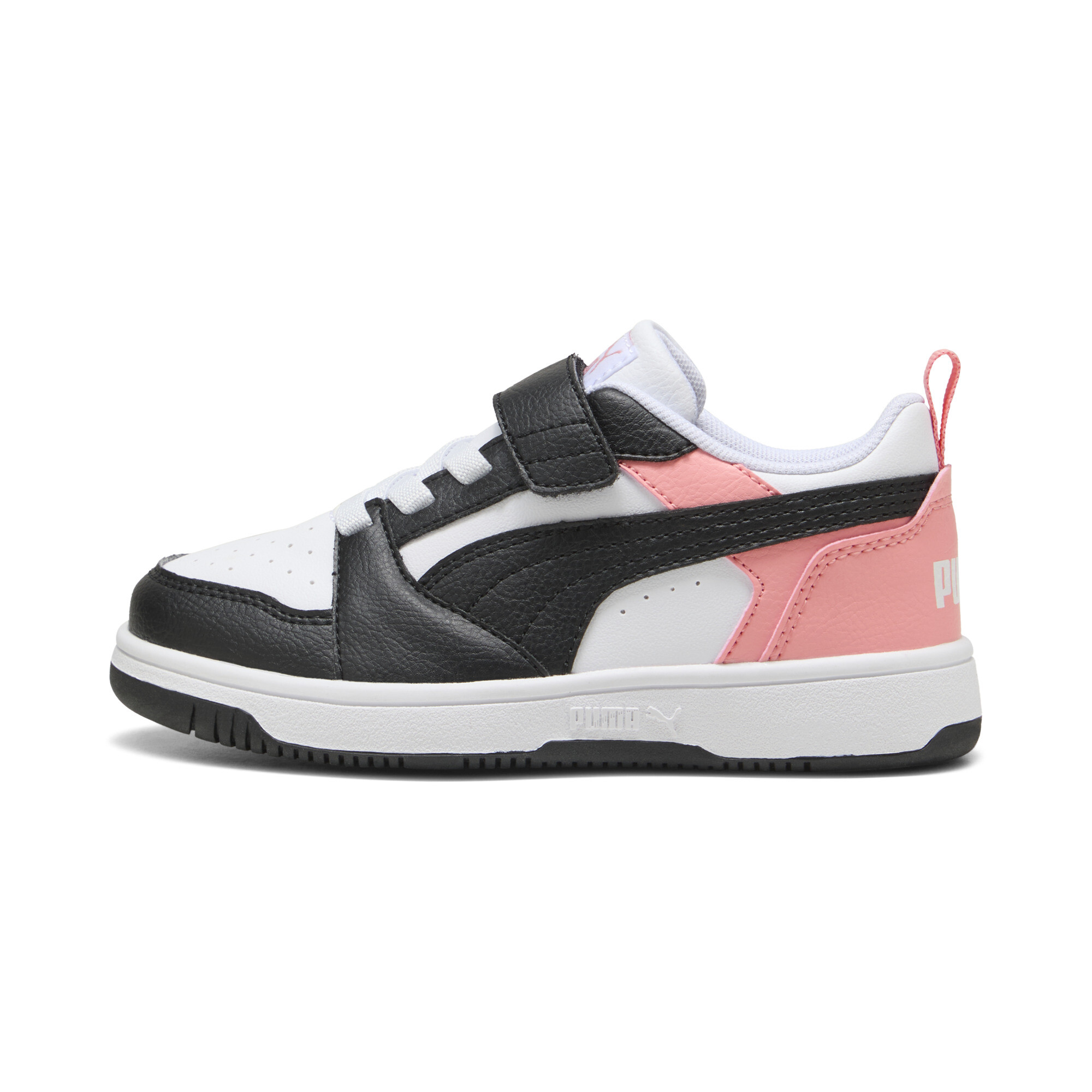 Puma Rebound V6 Lo Sneakers Kinder Schuhe | Mit Colorful | White/Black/Pink Fruit | Größe: 34.5